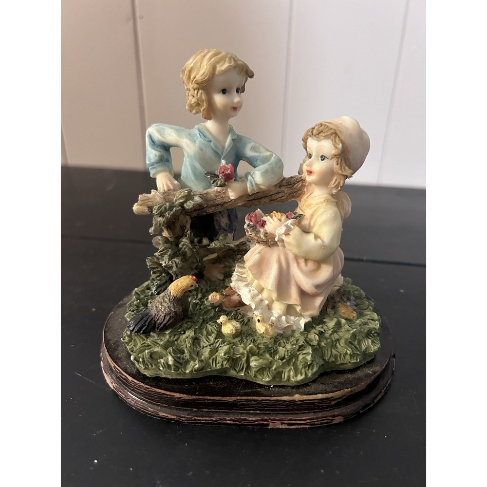 Vintage Boy Girl on Bridge Figurine Children Flowers Bird Chicks Rustic Scene